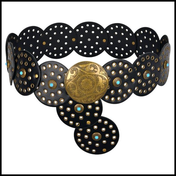 Western Wide Disc Belt Boho Cowgirl Turquoise Concho Faux Leather Adjustable main image 4